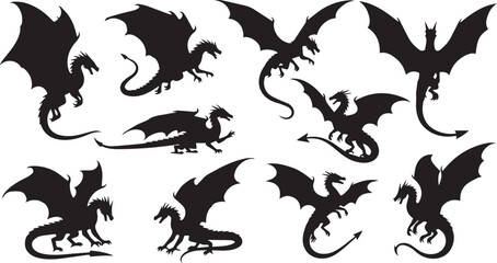Fototapeta premium Flying Dragon Silhouettes Fantasy Mythical Creature Icon Set