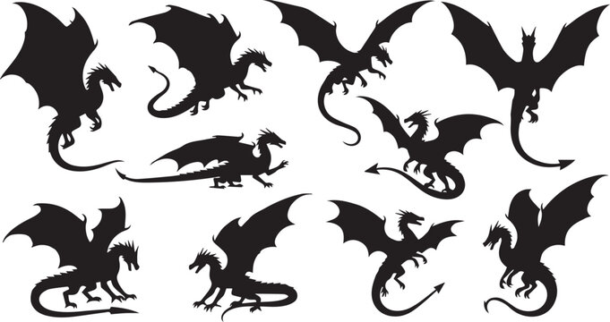 Flying Dragon Silhouettes Fantasy Mythical Creature Icon Set