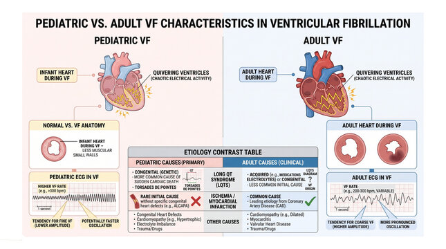 Pediatric VF vs. Adult VF - Characteristics in Ventricular Fibrillation: Etiology, Anatomy, and ECG Comparison