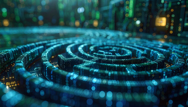 Digital Labyrinth: A captivating digital maze, its intricate pathways glowing with futuristic brilliance, symbolizes complexity and innovation.