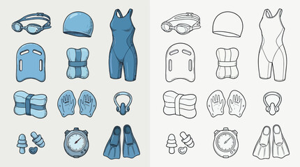 A comprehensive collection of swimming equipment, including goggles, caps, swimsuits, kickboards, pull buoys, fins, and more, presented in both colored and outline versions. © Renald