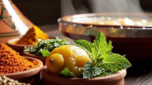 Assortment of Spices and Ingredients for Moroccan Cuisine.