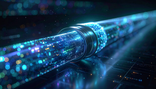 Digital Highway: A close-up shot of a high-tech fiber optic cable, conveying digital information at lightning speed with the glow of data transfer.
