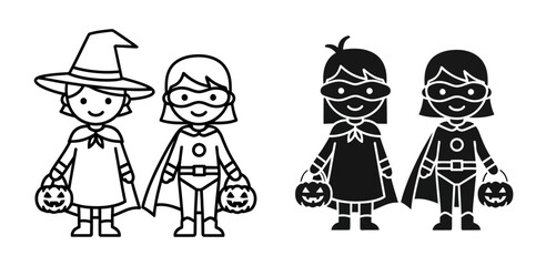 Halloween kids vector icon set with witch and superhero characters, isolated on white background © Ryead