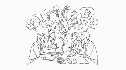 Obraz premium Continuous line art Business team collaborating on creative project with brainstormed ideas.