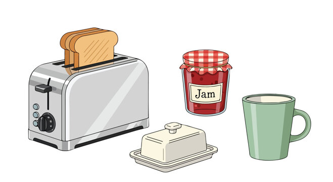 Flat lay illustration of a toaster with bread, butter dish, jam jar, and coffee mug on a plain white background.