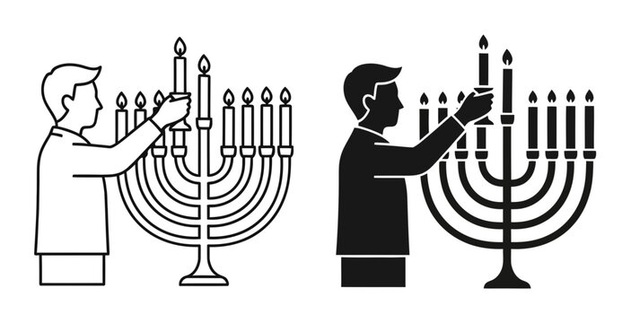 Man lighting Hanukkah menorah vector icon set, outline and solid style, isolated on white background