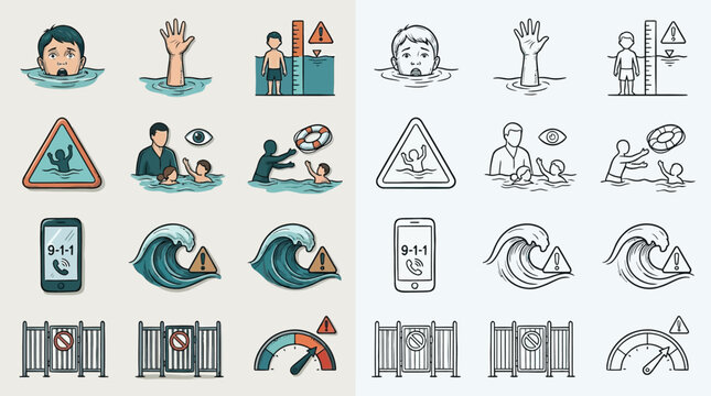 Collection of icons depicting water safety, rescue, and disaster preparedness, including drowning prevention and tsunami warnings.