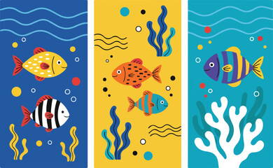 Naklejka premium Cute Flat Design Underwater Fish Illustration Set