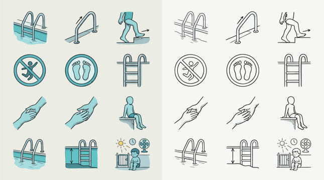 Collection of safety and usage icons for swimming pools, illustrating rules and potential hazards.