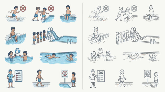 Illustrations depicting swimming pool safety rules and proper behavior for children, including no running, no pushing, waiting turns, and supervised play.