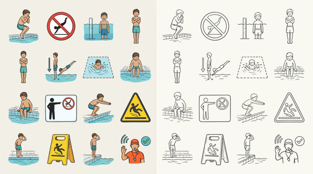 Collection of safety signs and icons related to swimming pools and water safety, presented in both color and line art.