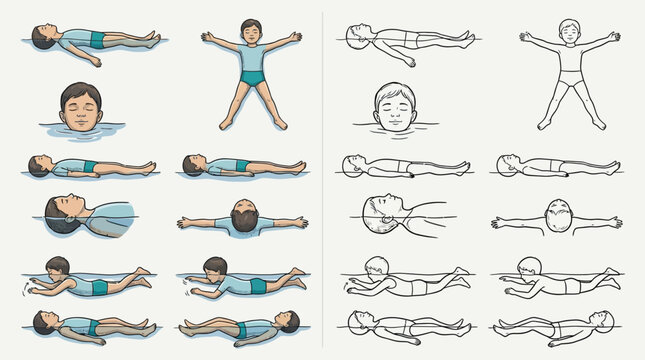 Illustrations demonstrating various swimming positions and water safety techniques for children, including floating and basic strokes.