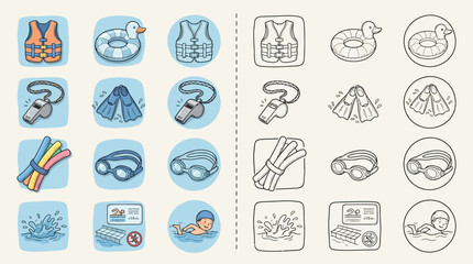 A collection of colorful and monochrome hand-drawn icons representing swimming pool essentials and activities, including safety gear, accessories, and people enjoying the water. © Renald