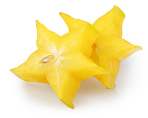 Fototapeta premium Two slices of star fruit or carambola isolated on white background with clipping path.