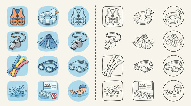 A collection of colorful and monochrome hand-drawn icons representing swimming pool essentials and activities, including safety gear, accessories, and people enjoying the water.