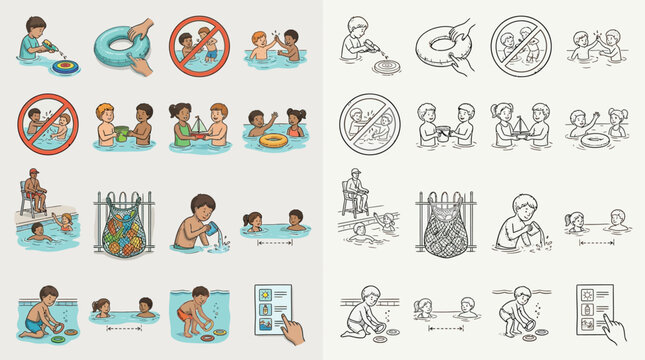 A collection of illustrations depicting swimming pool safety rules and guidelines for children, including warnings and proper behavior.
