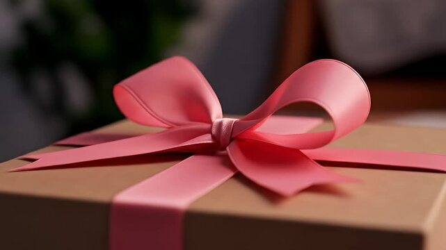 Close-up of tan gift box tied with light pink satin ribbon in a soft-focus setting