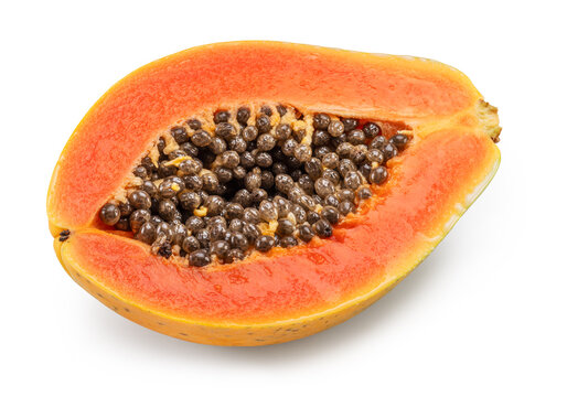 Fresh ripe papaya half fruit with showing seeds isolated on white background with clipping path.