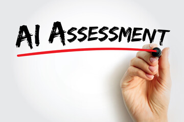 Fototapeta premium AI Assessment handwritten with brush typography and red underline, symbolizing artificial intelligence evaluation, analytics, data testing, and digital learning measurement concept