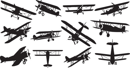 Vintage Biplane Silhouettes Set, Retro Airplane Icons © Vector 4 You