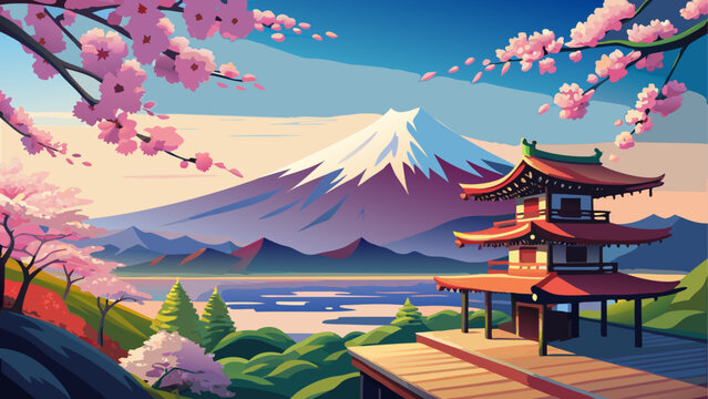 Traditional japanese pagoda temple with mount fuji in sunset sky