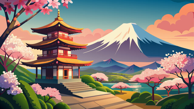 Mount fuji at sunrise with pink clouds and old japanese temple