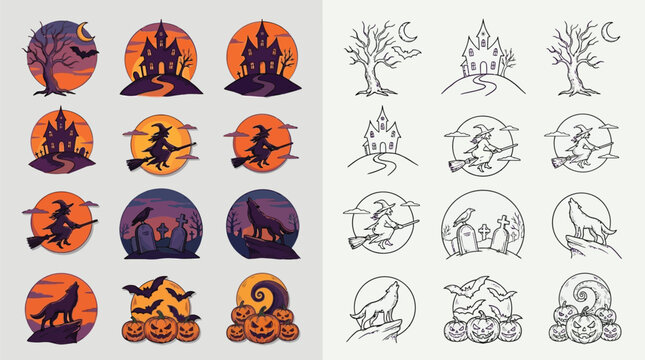 Collection of Halloween-themed circular illustrations featuring haunted houses, witches, bats, pumpkins, and howling wolves against moonlit skies.