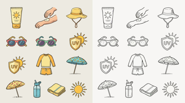 Collection of colorful and monochrome icons representing summer essentials for sun protection and beach activities, including sunscreen, hats, sunglasses, swimwear, and umbrellas.