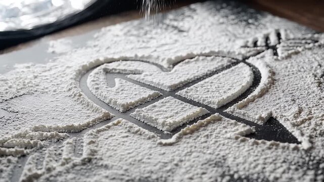 Heart shape with arrow drawn in flour on wooden surface.