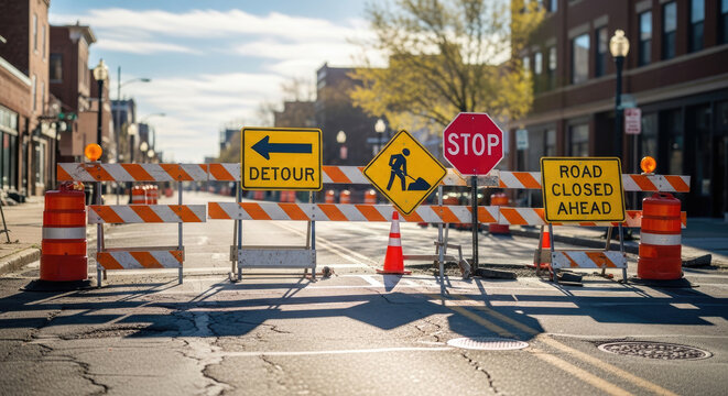 A city street is closed with road signs and barriers