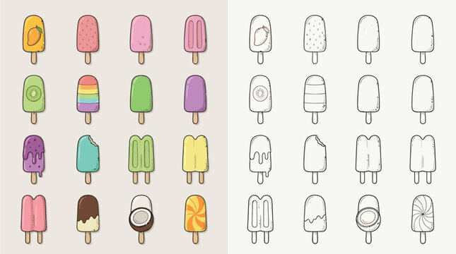 A collection of colorful and black and white illustrations of various ice cream bars and popsicles on sticks, showcasing different flavors and designs.