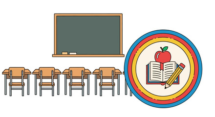 Classroom desks and blackboard with educational emblem © Wa