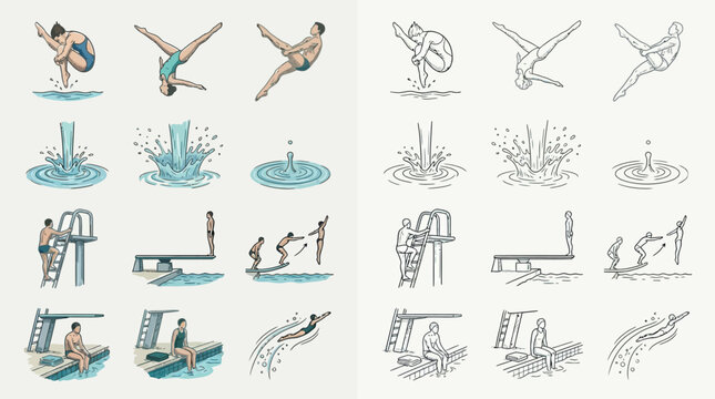 Collection of illustrations depicting various diving poses, water splashes, and swimmers preparing to dive from different platforms.