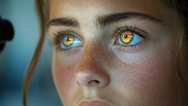 Close-up of young caucasian woman with reflective golden eyes and freckles