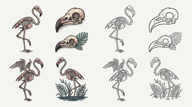 Collection of Flamingo Skeletons and Skulls with Botanical Elements, Presented in Color and Monochrome.