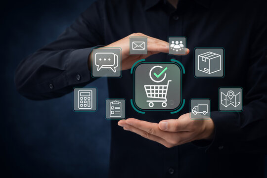 E-commerce order management and fulfillment system concept. Analysis of customer communication, payment processing, order tracking and delivery logistics. Businessman managing online shopping workflow