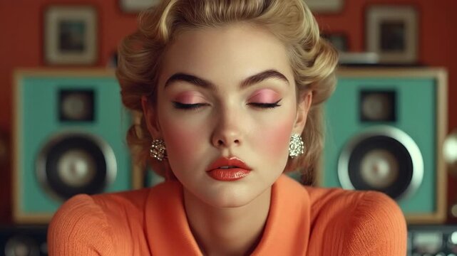 Young caucasian woman in retro setting with orange outfit and vintage speakers. March 8, International Women's Day