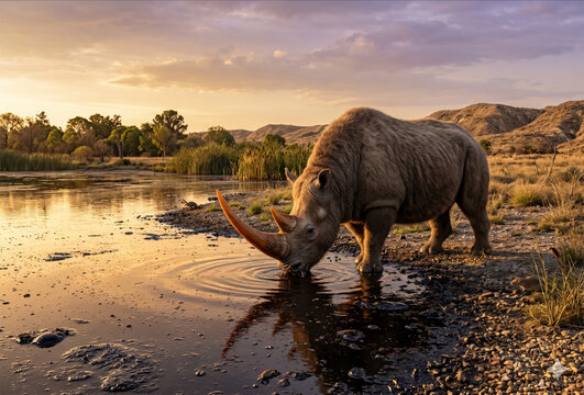 Hyper-realistic depiction of an extinct Stephanorhinus rhinoceros drinking near a natural tar pit during the Middle Pleistocene era.