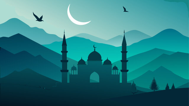 Silhouette of mosque at night with crescent moon and flying birds
