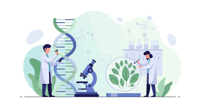 Scientists studying DNA and plants with microscope, biotechnology research concept