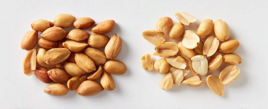 Two Piles of Peanuts, One Shelled and One Un-shelled, Isolated on a White Background.