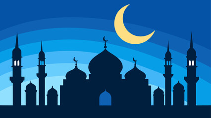 Islamic mosque at night with crescent moon and minarets © Devili