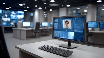 Fototapeta premium A sophisticated monitoring system displaying facial recognition data within a modern control center