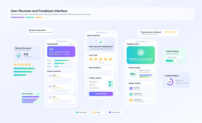 Obraz premium User Reviews and Feedback Mobile Interface. Light UI illustration with app review screens, star ratings, comments, sentiment cards and feedback metrics, product reviews and mobile app. Vector UI set