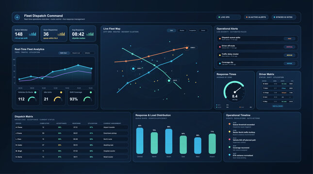 Fleet Dispatch Command Operations Dashboard. Dark operations dashboard showing fleet map, dispatch metrics, route analytics, alerts, driver matrix and response timeline for logistics. Vector HUD