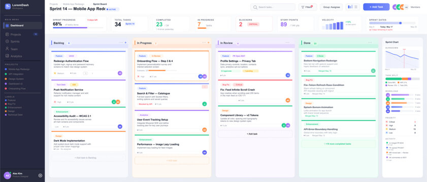Agile Sprint Board Project Management Dashboard UI. Clean project management dashboard with kanban sprint board, task cards, progress metrics, burndown chart, workload panel. Vector Web, App mockup