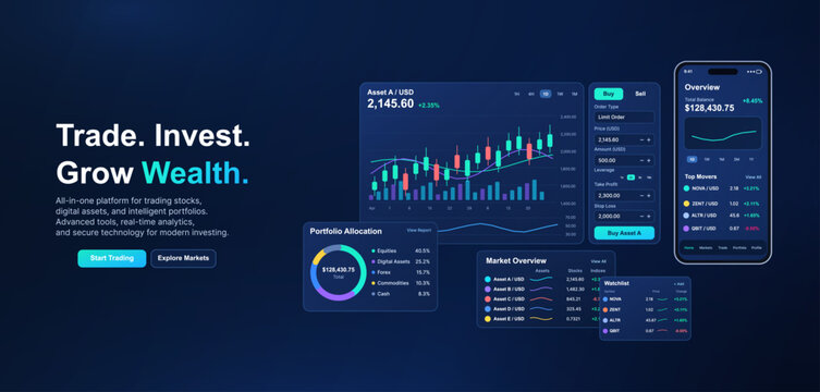 Fintech Trading Platform Landing Page Banner. Binary option app. Dark fintech banner with trading charts, buy panel and mobile app screens for stock market, crypto exchange. Vector UI App