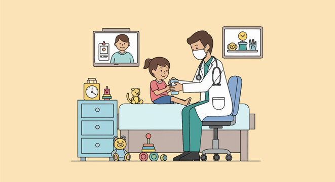 Flat vector illustration of a male pediatrician wearing a face mask and stethoscope examining a young girl patient in a pediatric clinic room with toys, a medical bed, and a cabinet.