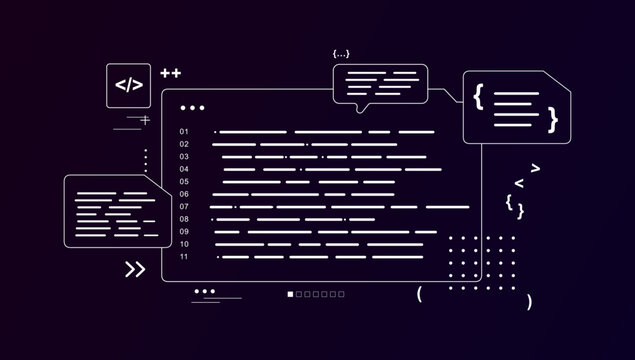Abstract Coding Interface with Developer Symbols. Minimalist programming illustration with code editor lines, brackets, document cards and white outline elements for software development. Vector
